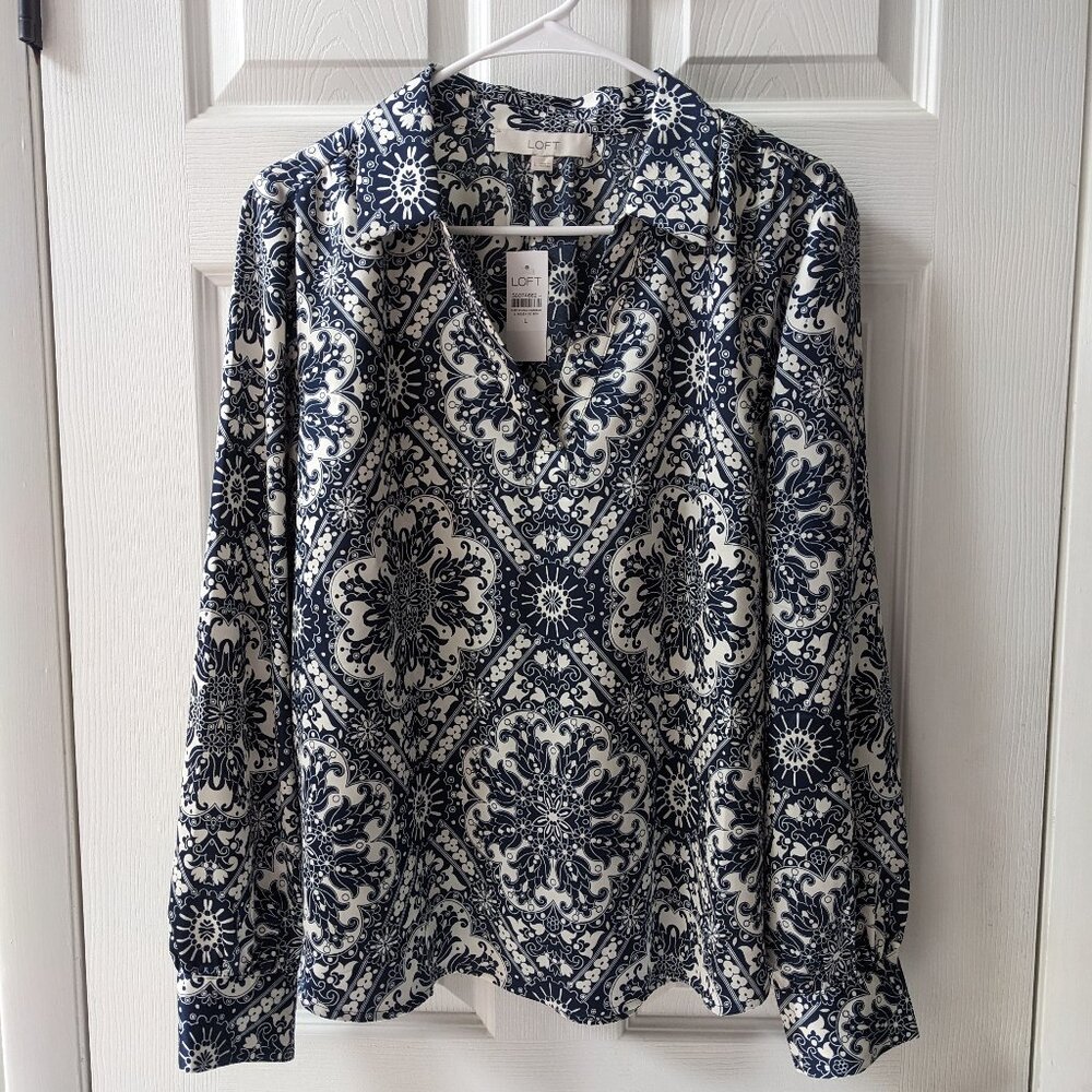 LOFT Navy and White Printed Long-Sleeve Blouse